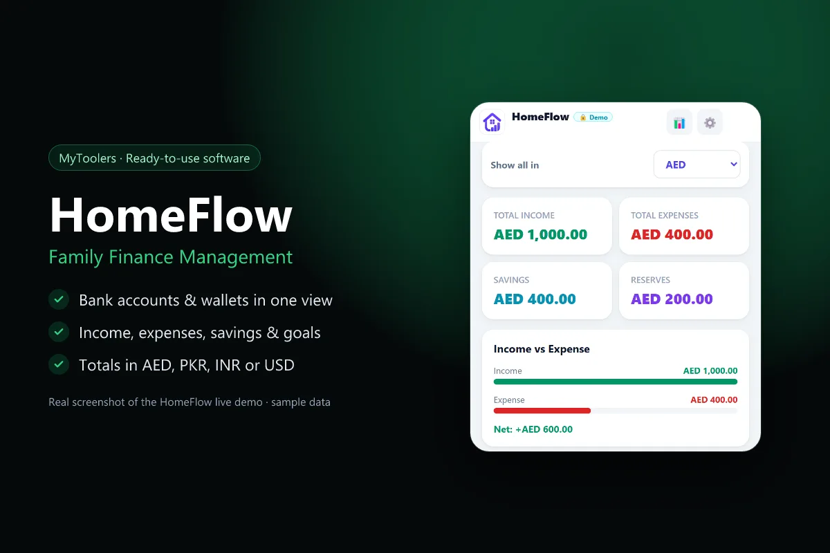 HomeFlow live demo showing total income, expenses, savings and reserves in AED